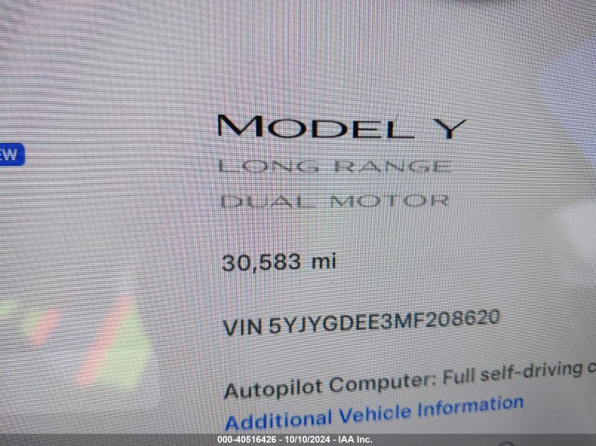 2021 TESLA MODEL Y LONG RANGE DUAL MOTOR ALL-WHEEL DRIVE - 5YJYGDEE3MF208620