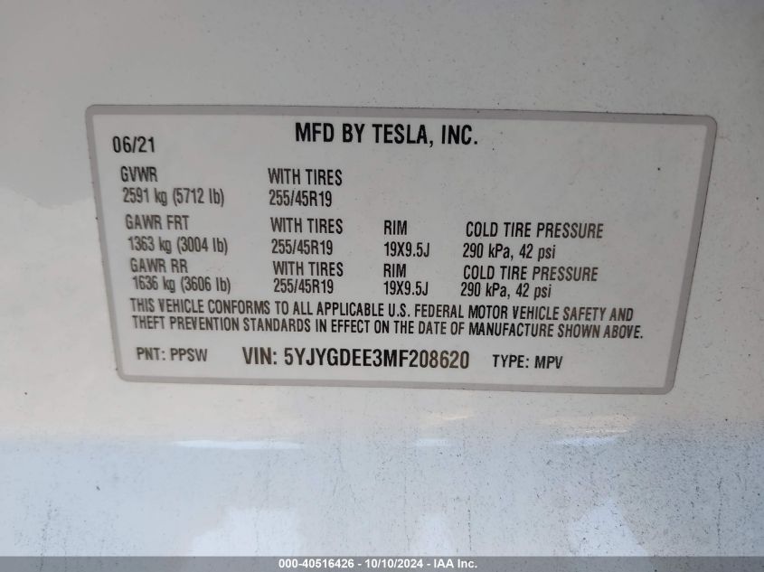 2021 TESLA MODEL Y LONG RANGE DUAL MOTOR ALL-WHEEL DRIVE - 5YJYGDEE3MF208620