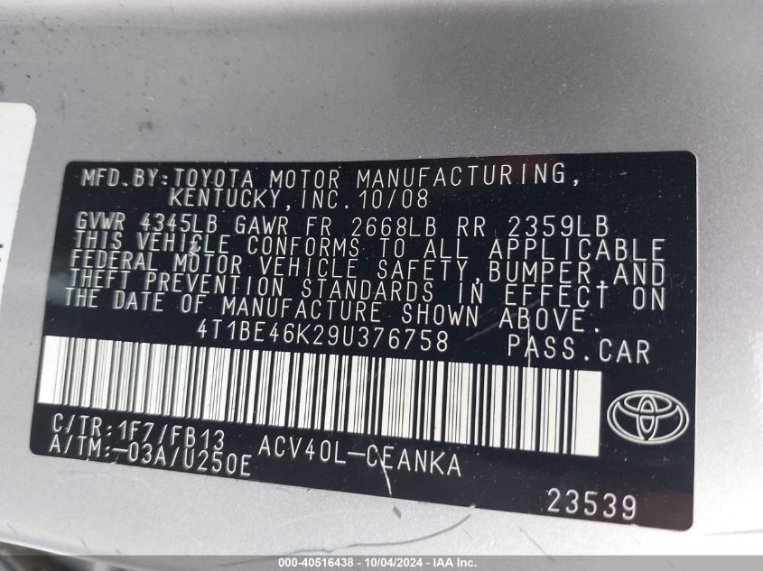 4T1BE46K29U376758 2009 Toyota Camry Le