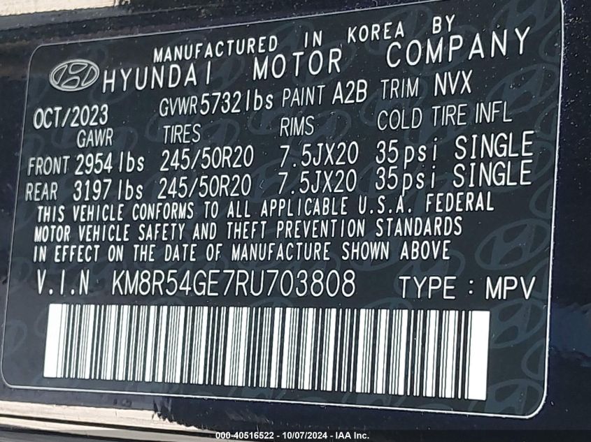 2024 Hyundai Palisade Limited VIN: KM8R54GE7RU703808 Lot: 40516522