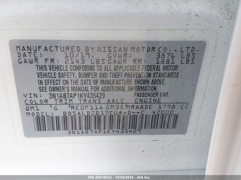 3N1AB7AP1KY435429 2019 Nissan Sentra Sv