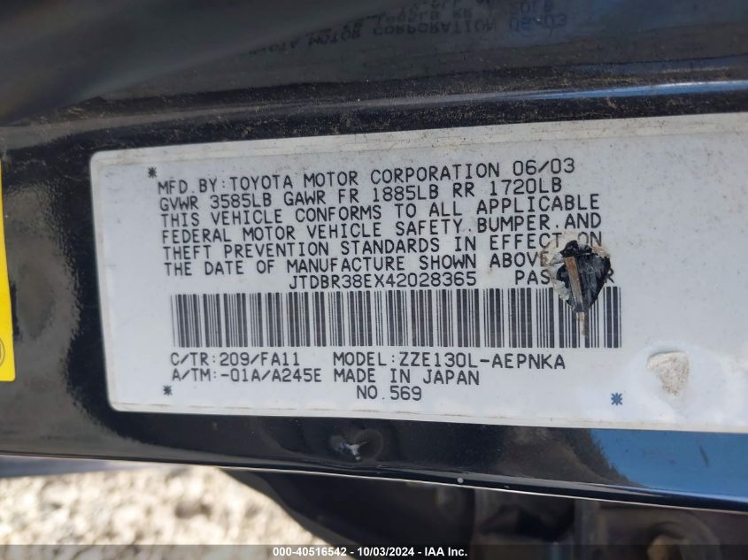 2004 Toyota Corolla Le VIN: JTDBR38EX42028365 Lot: 40516542