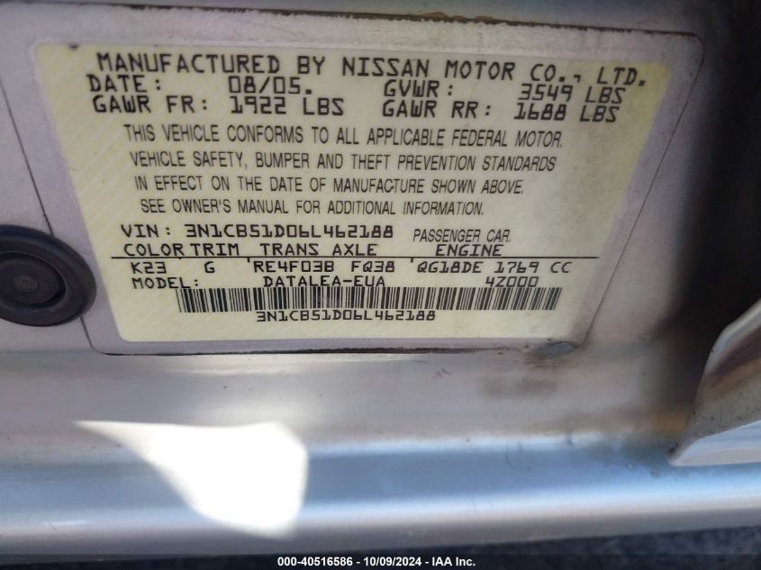 3N1CB51D06L462188 2006 Nissan Sentra 1.8S