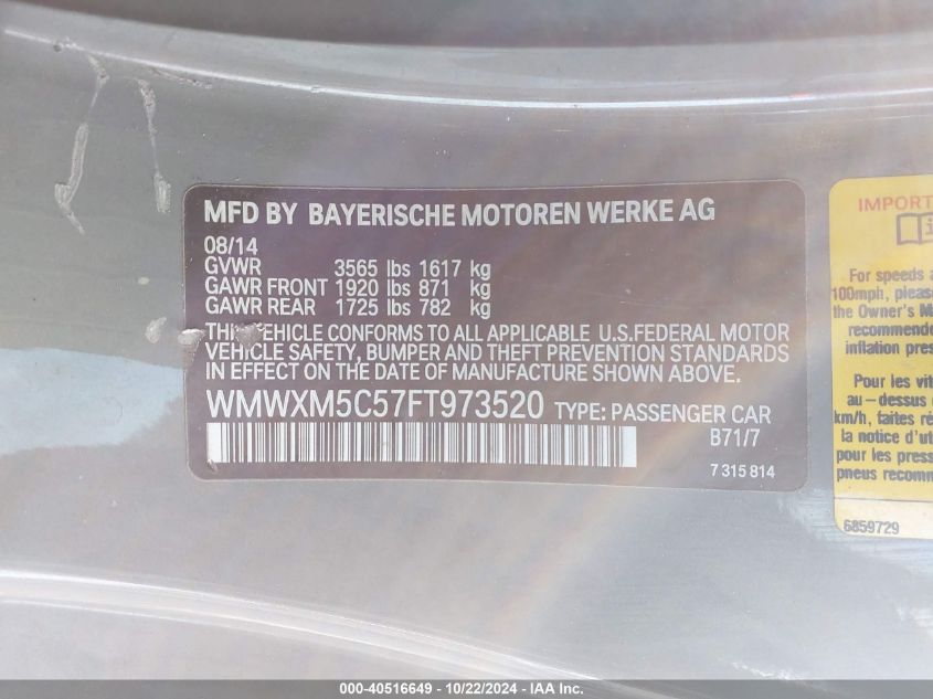 2015 Mini Hardtop Cooper VIN: WMWXM5C57FT973520 Lot: 40516649