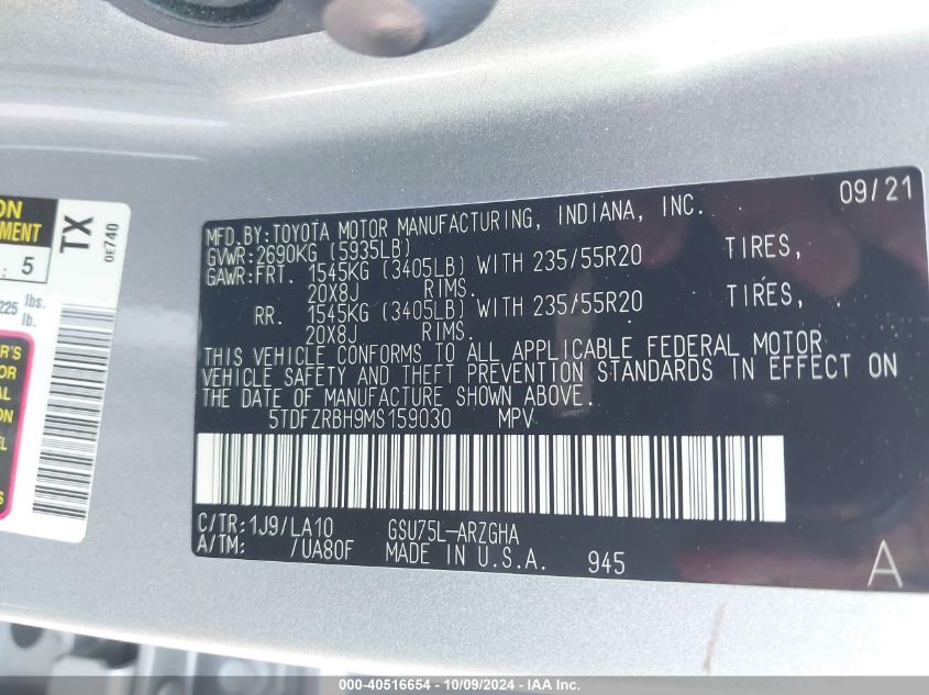 5TDFZRBH9MS159030 2021 Toyota Highlander Platinum