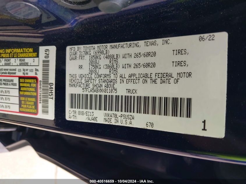 5TFLA5ABXNX011075 2022 Toyota Tundra Sr5