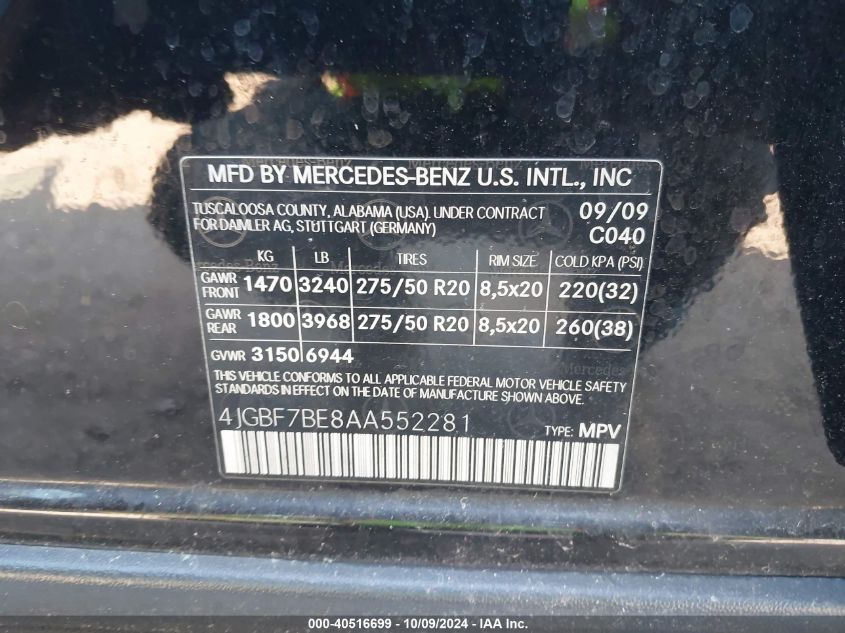 2010 Mercedes-Benz Gl 450 4Matic VIN: 4JGBF7BE8AA552281 Lot: 40516699