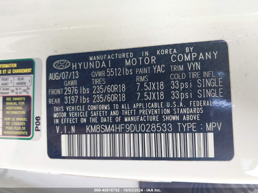 KM8SM4HF9DU028533 2013 Hyundai Santa Fe Gls