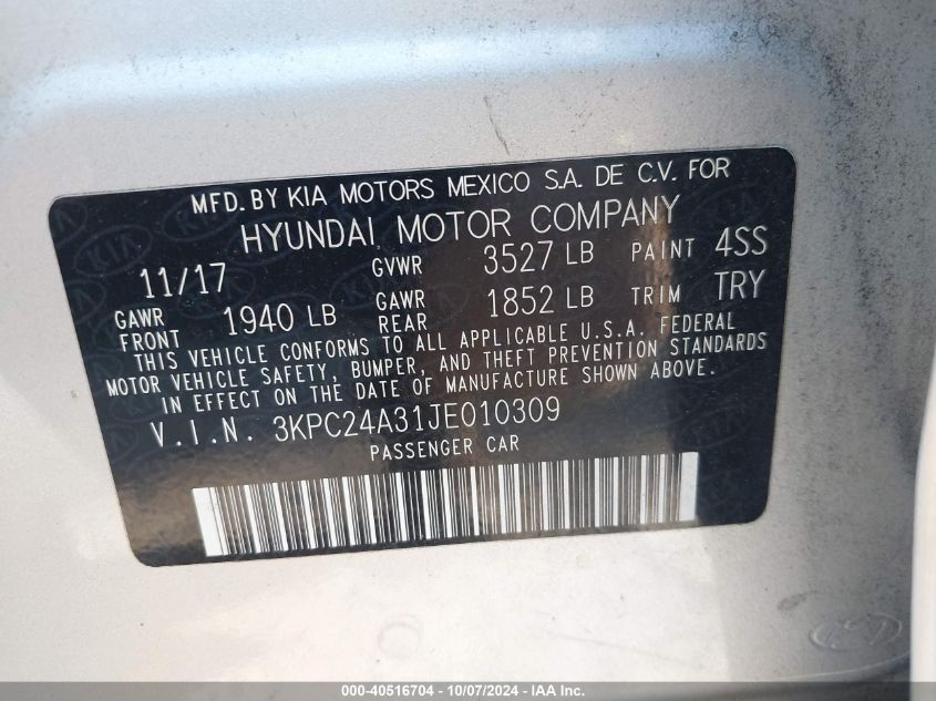 3KPC24A31JE010309 2018 Hyundai Accent Se/Sel