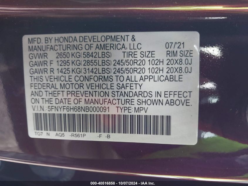 2022 Honda Pilot Awd Touring 7 Passenger VIN: 5FNYF6H68NB000091 Lot: 40516858