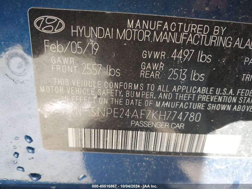 5NPE24AF7KH774780 2019 Hyundai Sonata Se