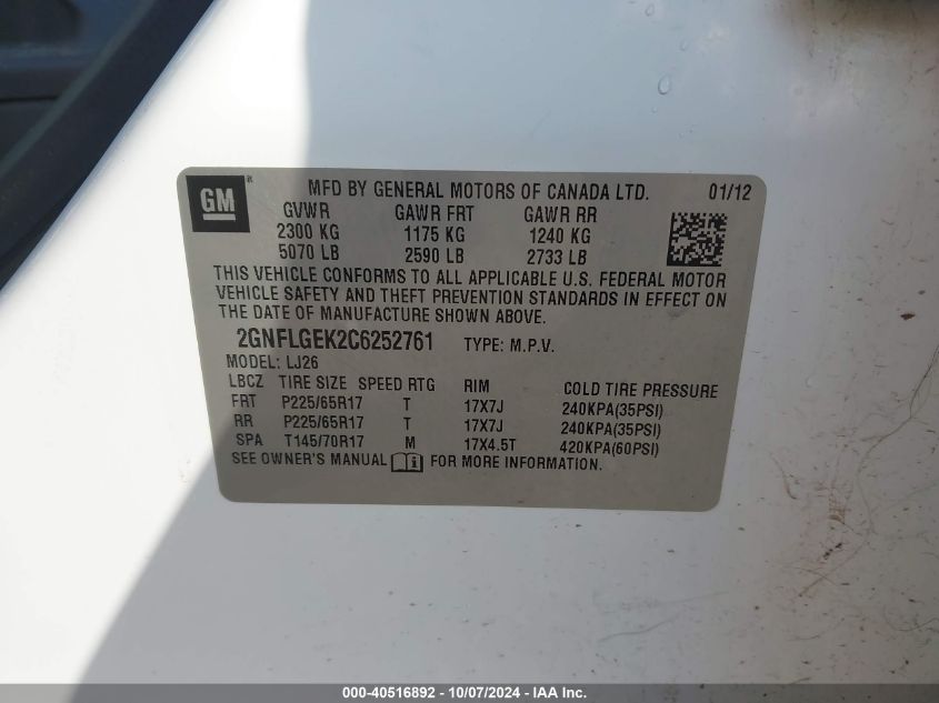 2GNFLGEK2C6252761 2012 Chevrolet Equinox Ltz