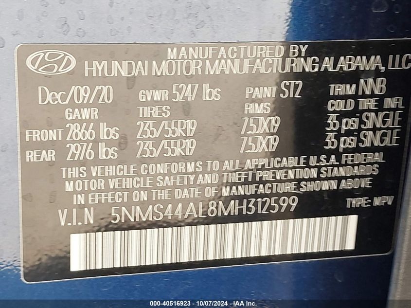 2021 Hyundai Santa Fe Limited VIN: 5NMS44AL8MH312599 Lot: 40516923