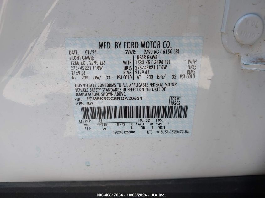 2024 Ford Explorer St VIN: 1FM5K8GC5RGA20534 Lot: 40517054