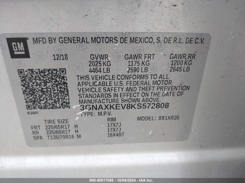 2019 Chevrolet Equinox Lt VIN: 3GNAXKEV8KS572808 Lot: 40517085