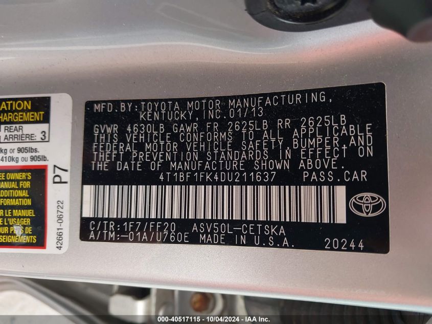 4T1BF1FK4DU211637 2013 Toyota Camry Se