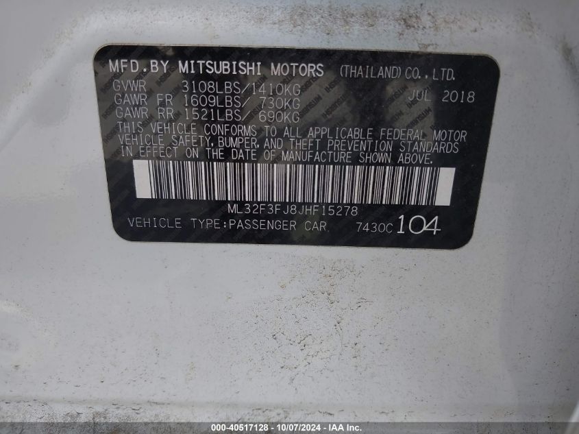 ML32F3FJ8JHF15278 2018 Mitsubishi Mirage G4 Es