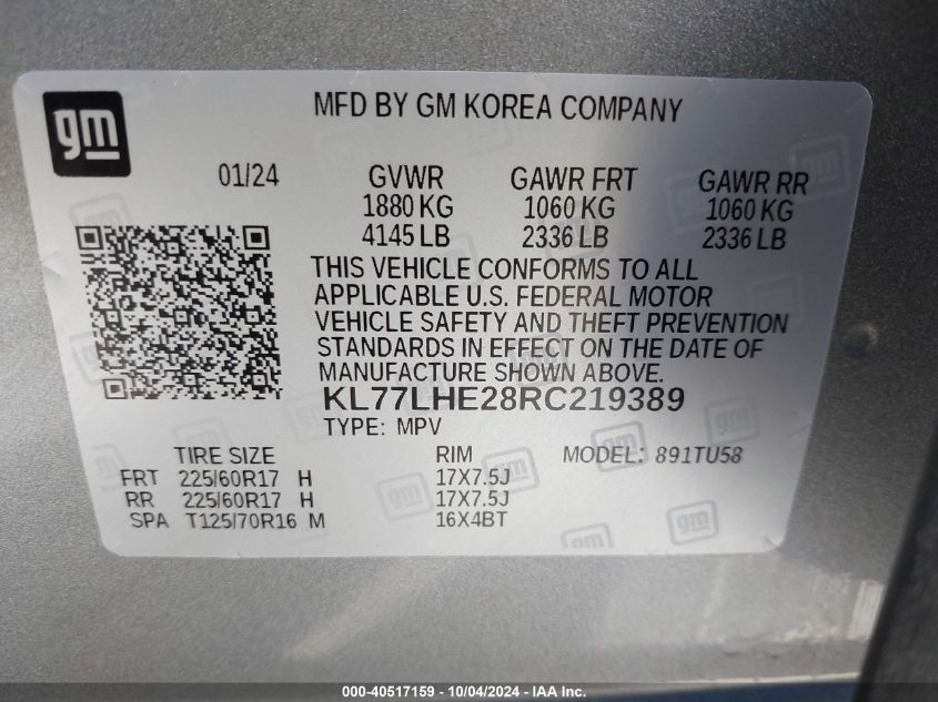 KL77LHE28RC219389 2024 Chevrolet Trax Fwd Lt