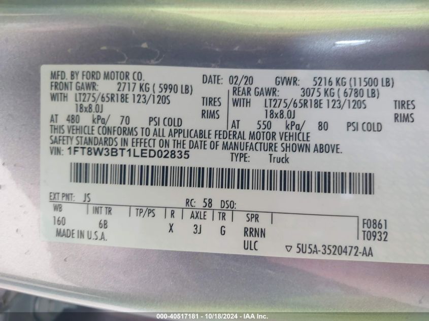 2020 Ford F350 Super Duty VIN: 1FT8W3BT1LED02835 Lot: 40517181