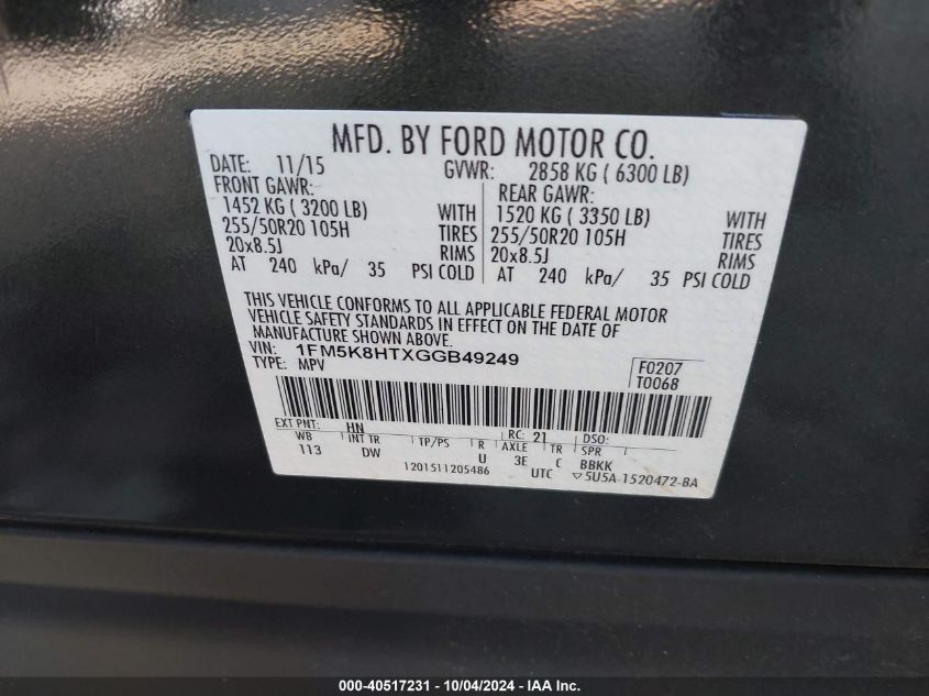 1FM5K8HTXGGB49249 2016 Ford Explorer Platinum