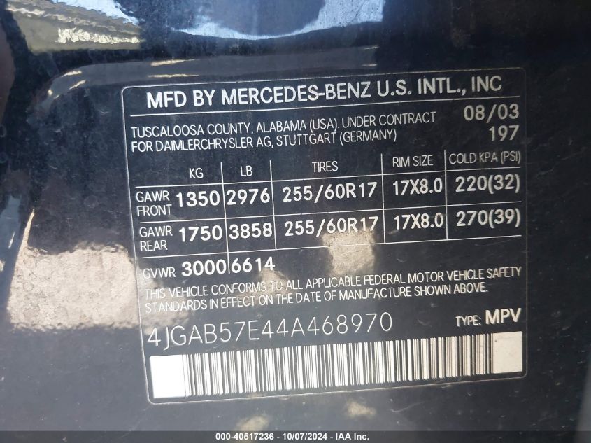 4JGAB57E44A468970 2004 Mercedes-Benz Ml 350 4Matic