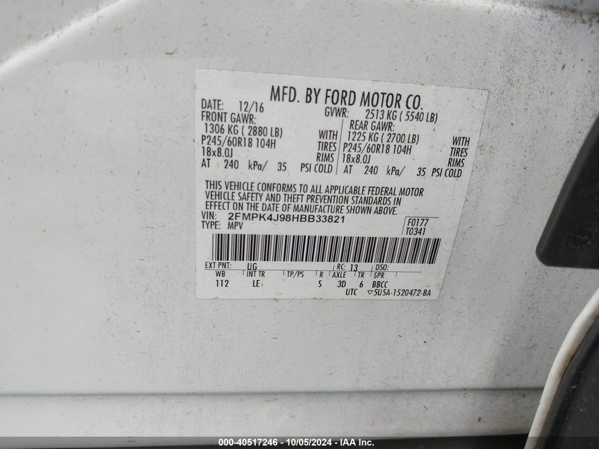 VIN 2FMPK4J98HBB33821 2017 FORD EDGE SEL