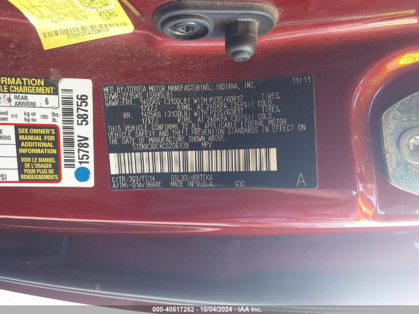 5TDKK3DC4CS206139 2012 Toyota Sienna Le V6 8 Passenger