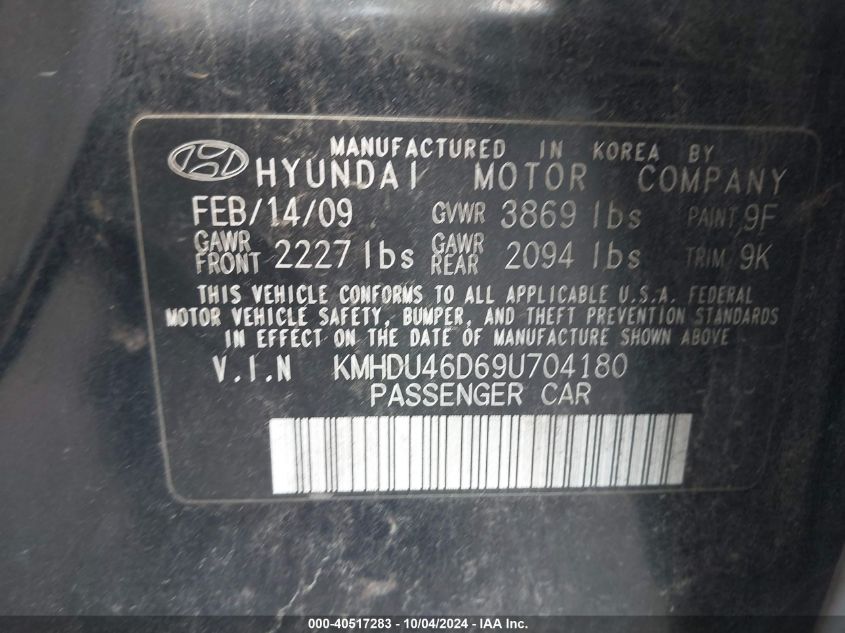 KMHDU46D69U704180 2009 Hyundai Elantra Gls