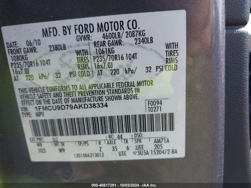 1FMCU9D79AKD38334 2010 Ford Escape Xlt