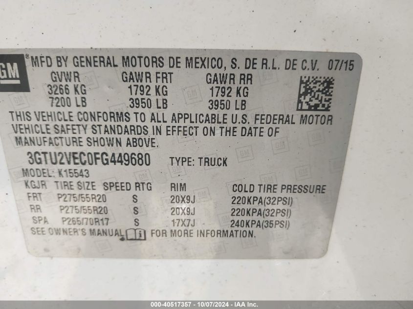 3GTU2VEC0FG449680 2015 GMC Sierra 1500 Slt