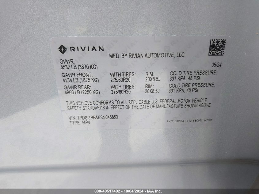 2025 Rivian R1S Adventure VIN: 7PDSGBBA6SN045853 Lot: 40517402