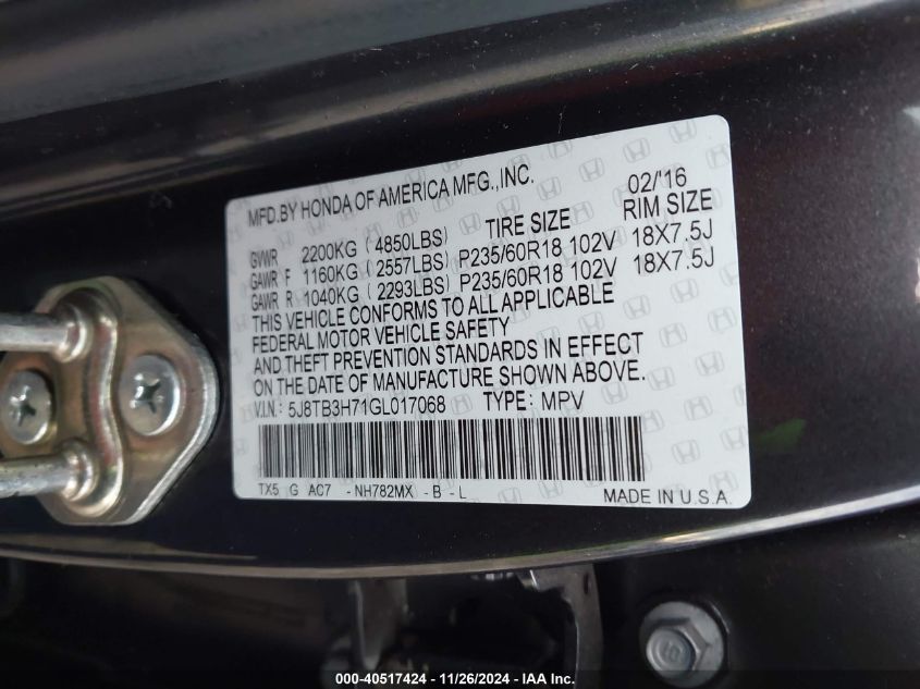 VIN 5J8TB3H71GL017068 2016 ACURA RDX no.9