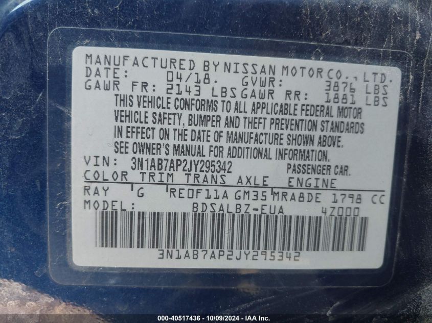 2018 NISSAN SENTRA S - 3N1AB7AP2JY295342