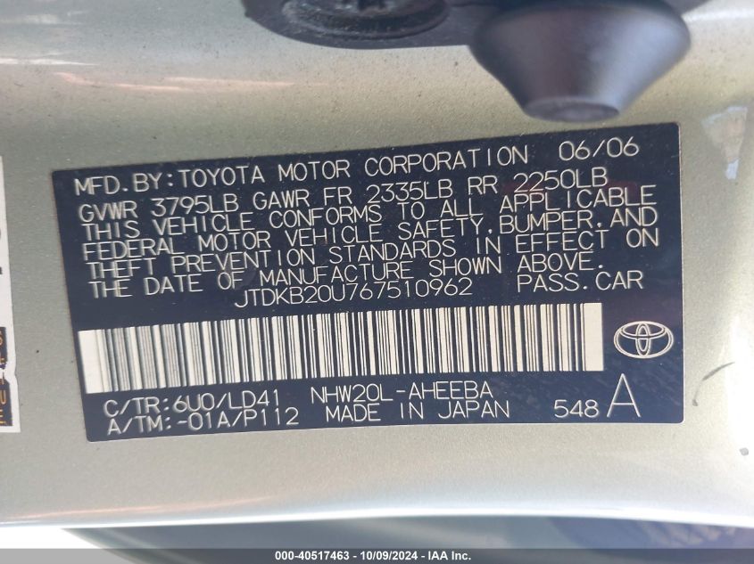 JTDKB20U767510962 2006 Toyota Prius