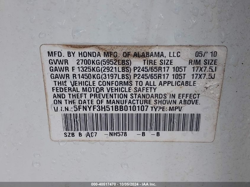 5FNYF3H51BB010107 2011 Honda Pilot Ex-L