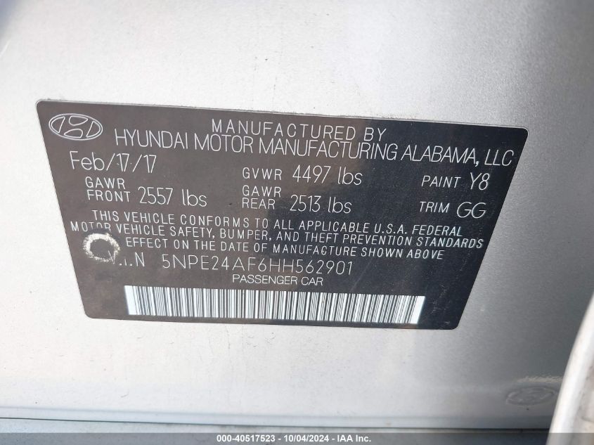 5NPE24AF6HH562901 2017 Hyundai Sonata