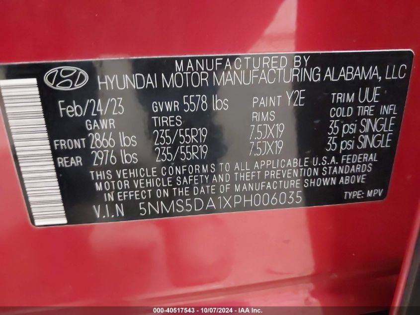 5NMS5DA1XPH006035 2023 Hyundai Santa Fe Hybrid Limited