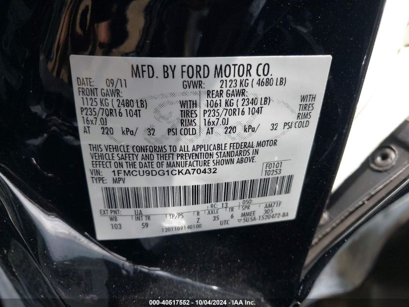 1FMCU9DG1CKA70432 2012 Ford Escape Xlt