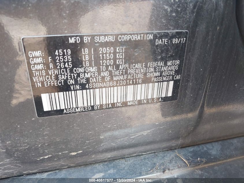 4S3BNAB68J3014116 2018 Subaru Legacy 2.5I