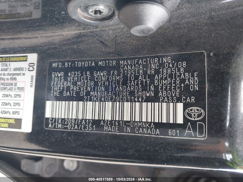 2T1KE40E79C011447 2009 Toyota Matrix S