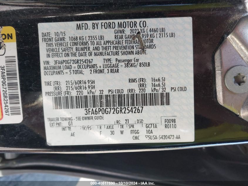 3FA6P0G72GR254267 2016 Ford Fusion S