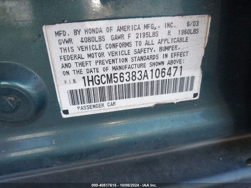 1HGCM56383A106471 2003 Honda Accord 2.4 Lx