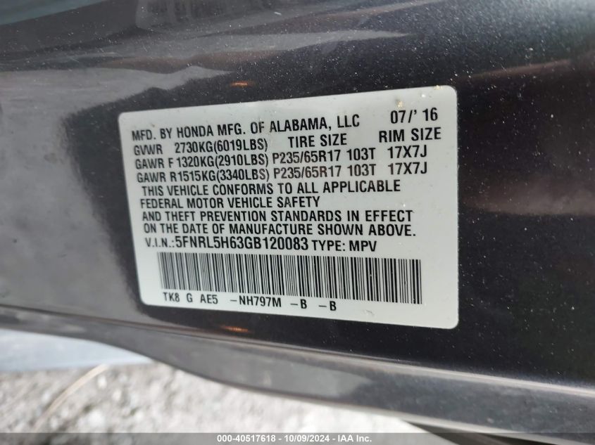 5FNRL5H63GB120083 2016 Honda Odyssey Ex-L