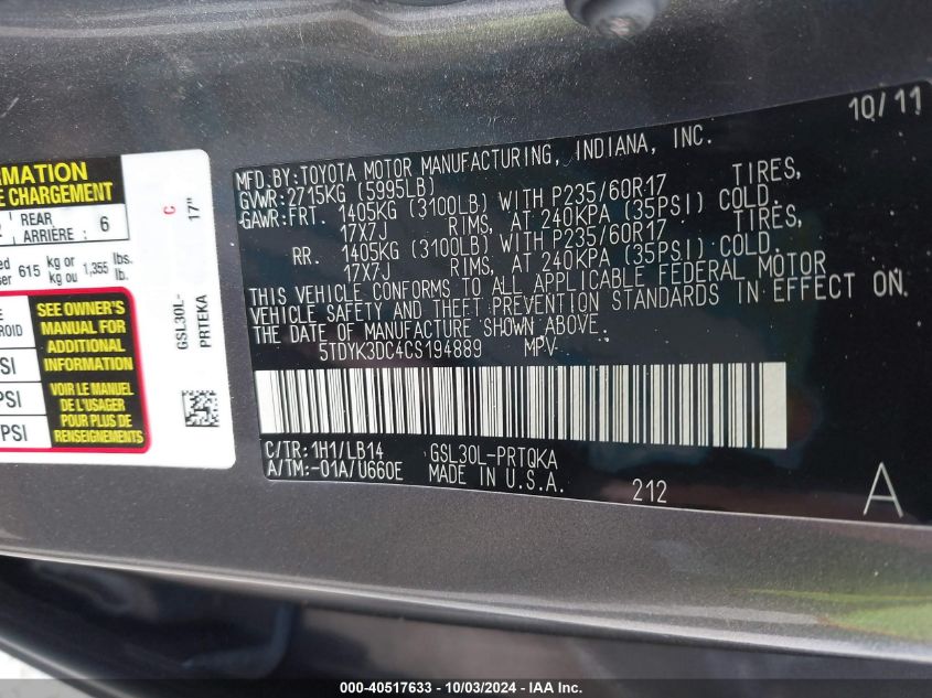 5TDYK3DC4CS194889 2012 Toyota Sienna Xle V6 8 Passenger