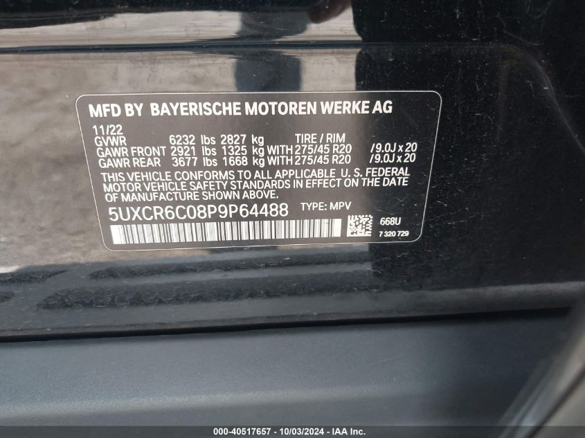 2023 BMW X5 xDrive40I VIN: 5UXCR6C08P9P64488 Lot: 40517657