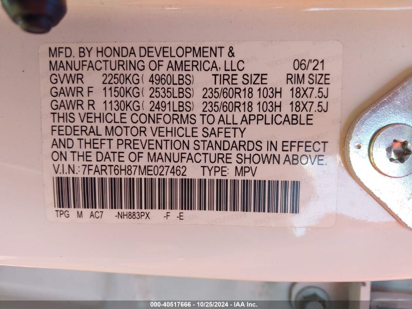 VIN 7FART6H87ME027462 2021 Honda CR-V, Hybrid Ex-L no.9