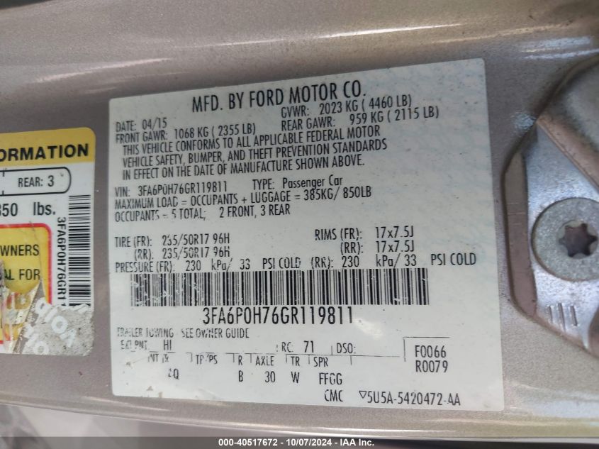2016 FORD FUSION VIN: 3FA6P0H76GR119811