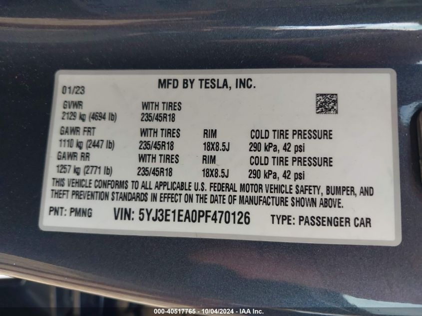 2023 Tesla Model 3 Rear-Wheel Drive VIN: 5YJ3E1EA0PF470126 Lot: 40517765