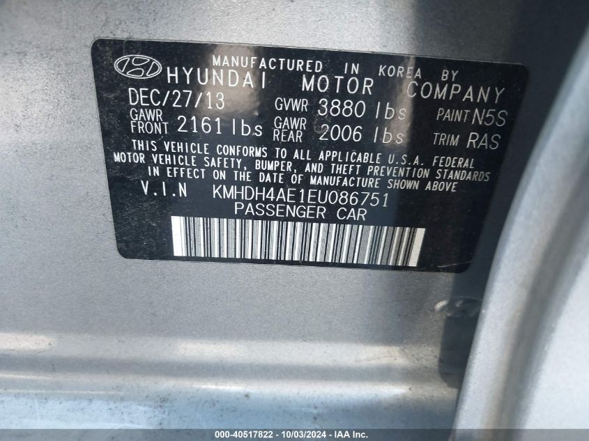 2014 Hyundai Elantra Se VIN: KMHDH4AE1EU086751 Lot: 40517822