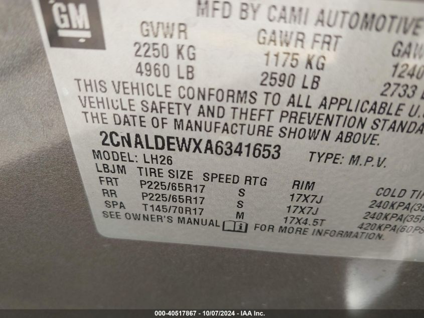 2CNALDEWXA6341653 2010 Chevrolet Equinox Lt